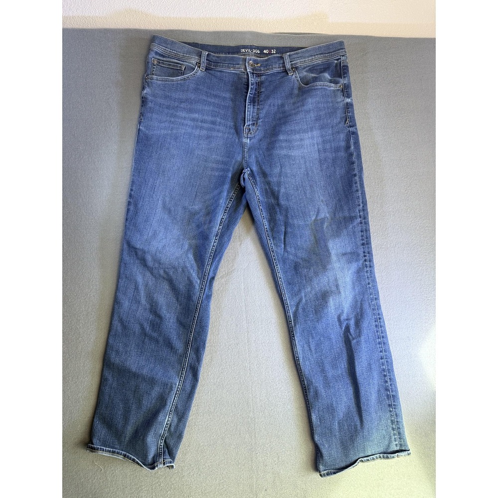 Devil-Dog Relaxed Straight Jeans Mens 40x32 Medium Wash‎ Blue Stretch Denim